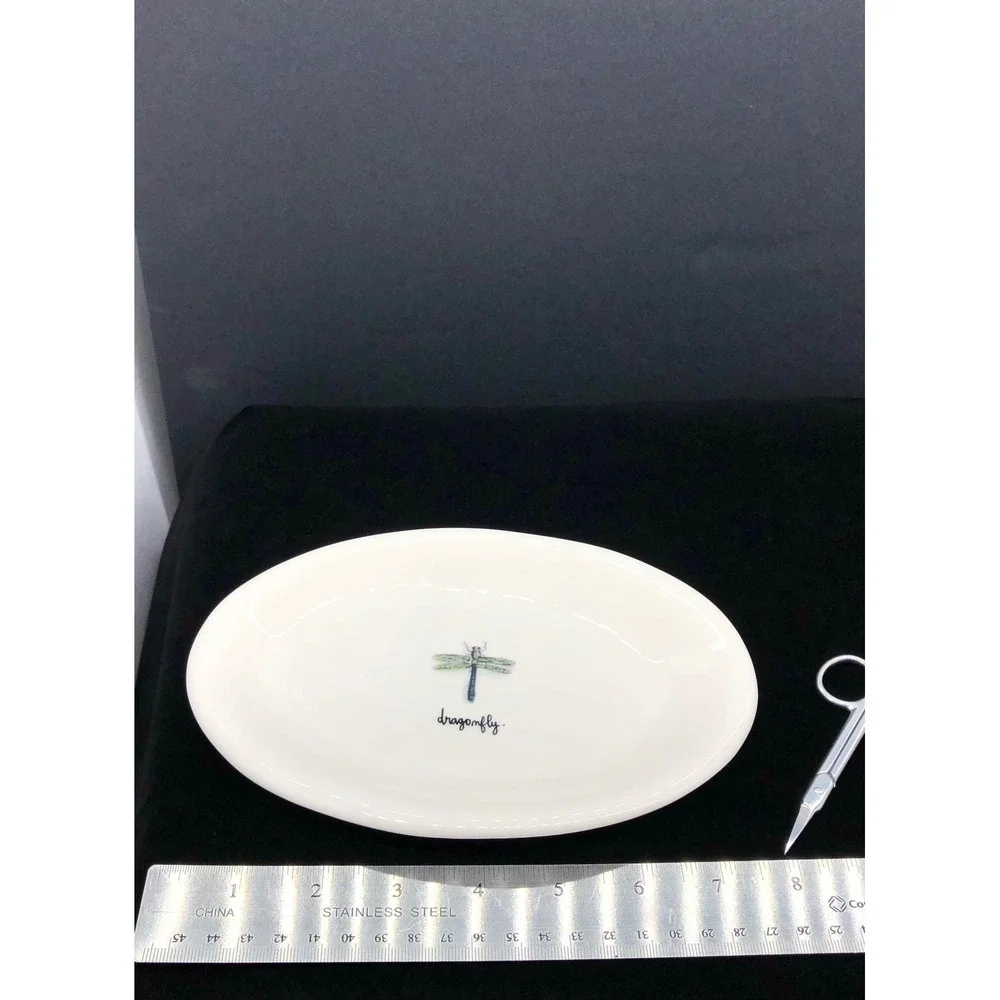 Rae Dunn Artisan Collection Dragonfly Oval Ceramic Trinket Dish White Magenta